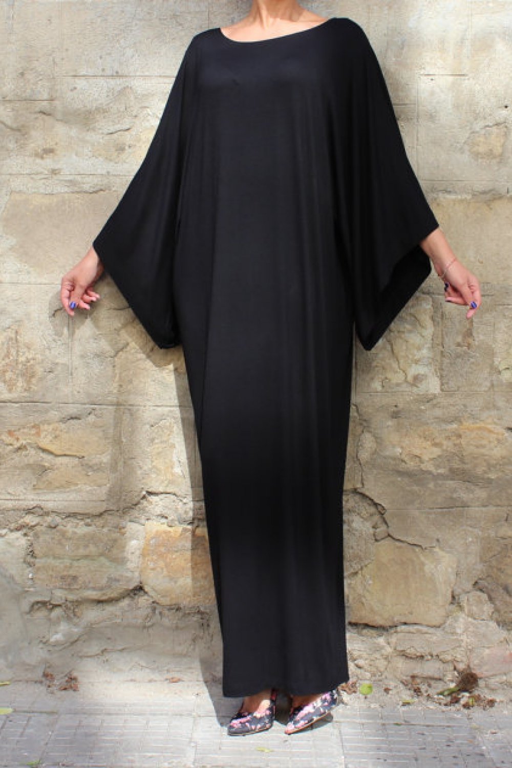 Plain Batwing Sleeve Elastic Waist Dress - Pavacat