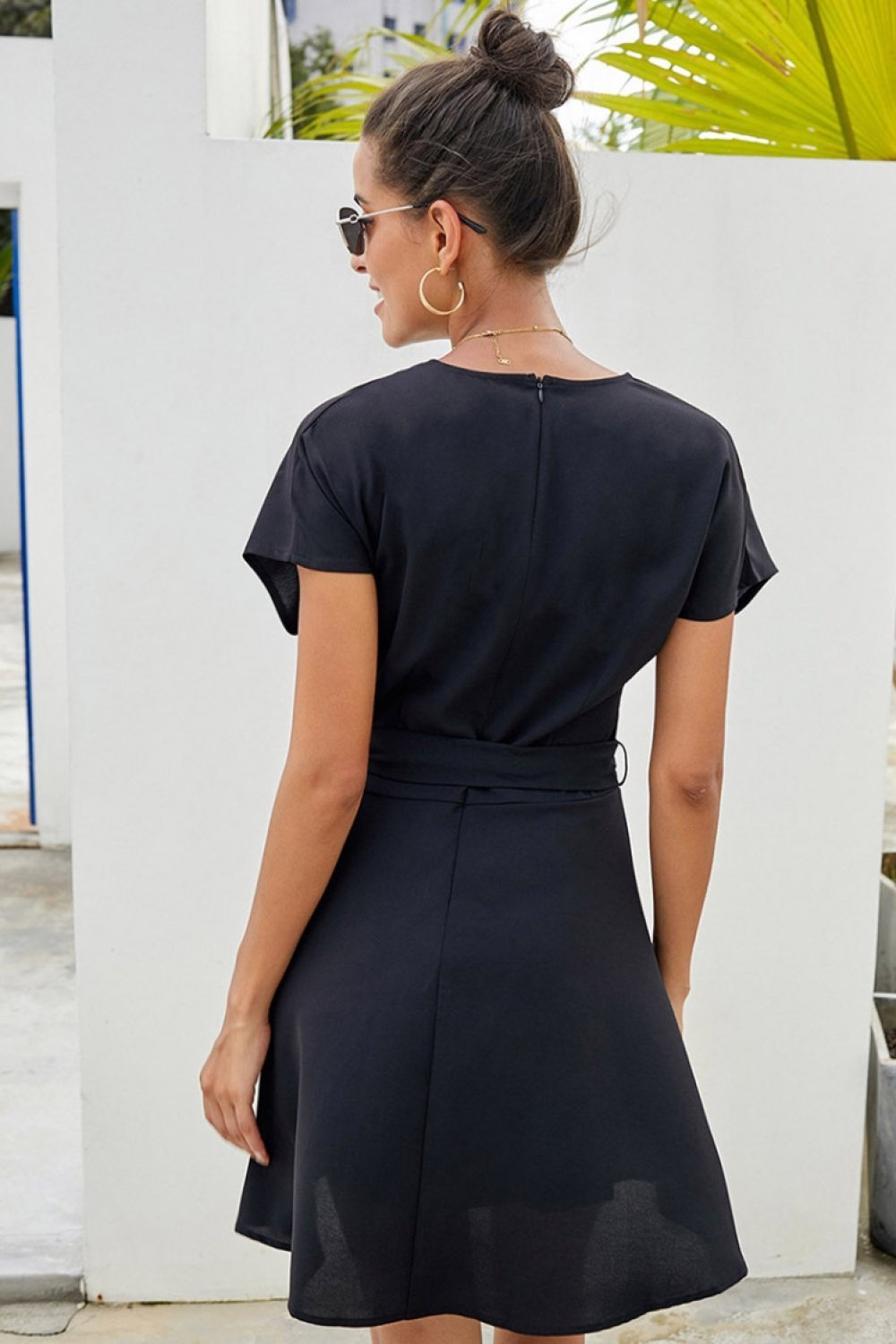 Plain V Neck Belt A-line Dress - Pavacat
