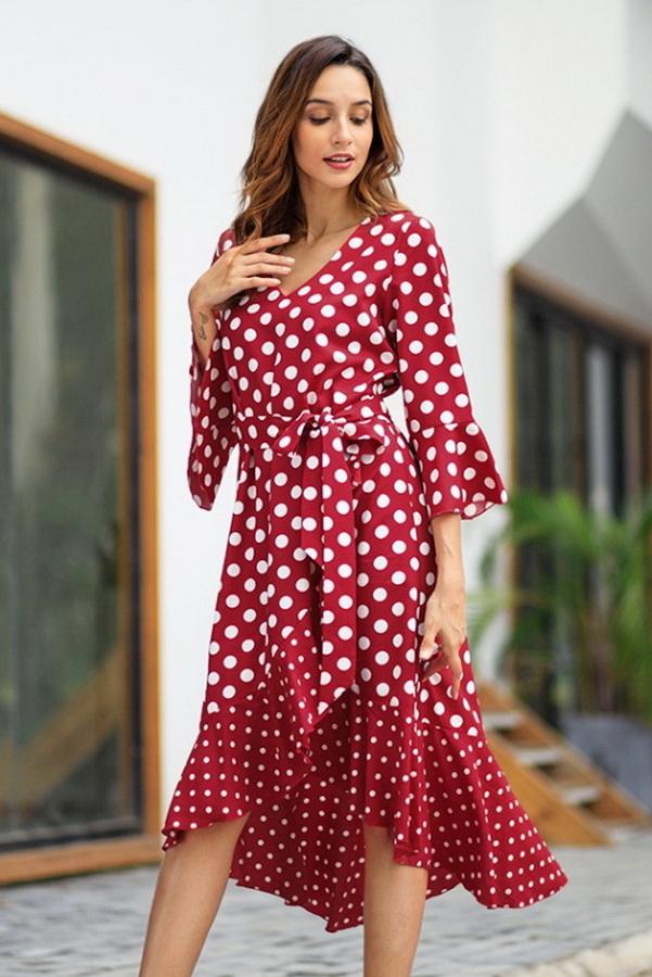Polka Dot Irregular Belt Dress - Pavacat