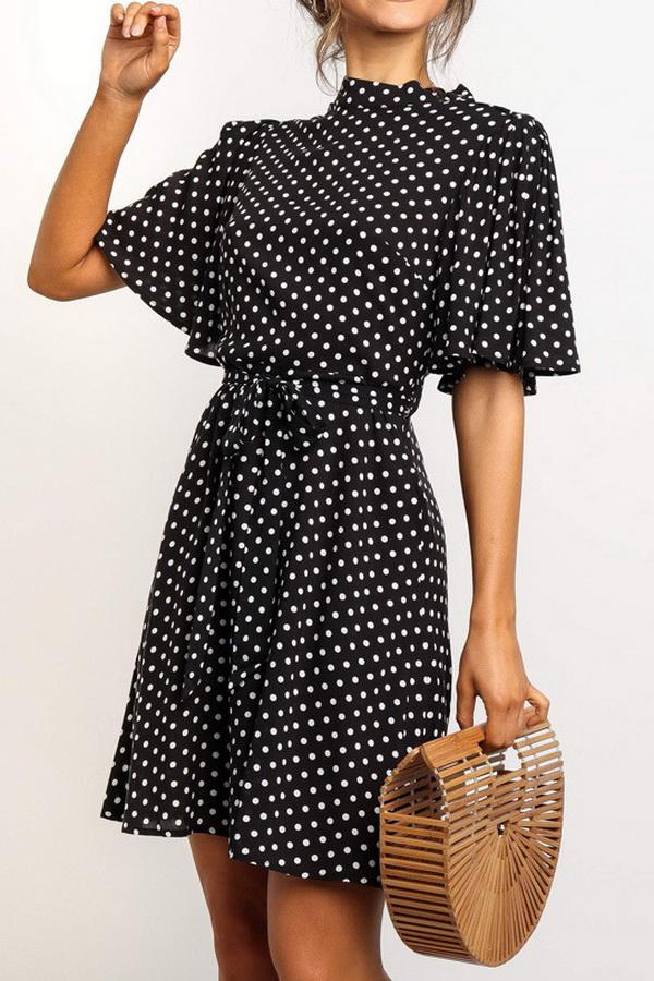 Polka Dot Printed Chiffon Dress with High Waist Dress 5201906151552 