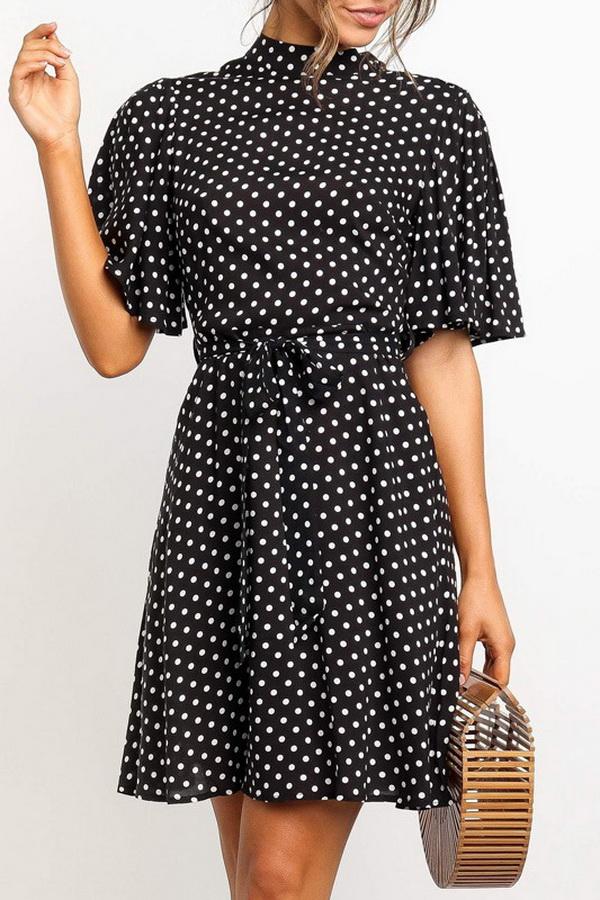 Polka Dot Printed Chiffon Dress with High Waist Dress 5201906151552 L navy 