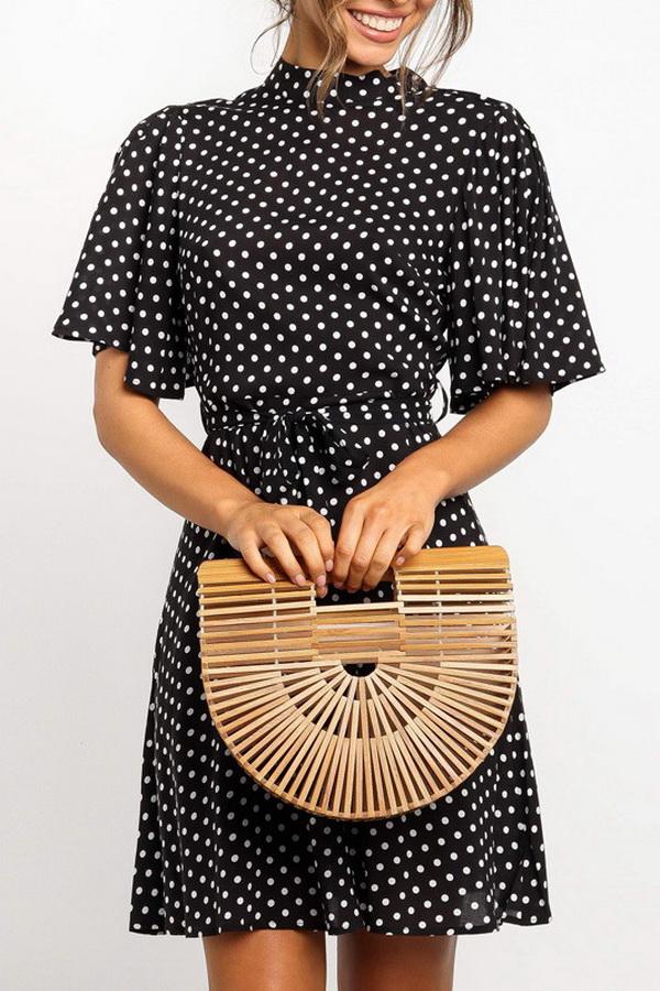 Polka Dot Printed Chiffon Dress with High Waist Dress 5201906151552 