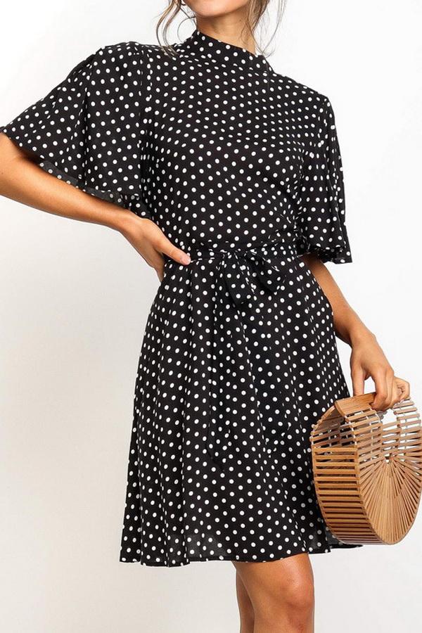 Polka Dot Printed Chiffon Dress with High Waist Dress 5201906151552 