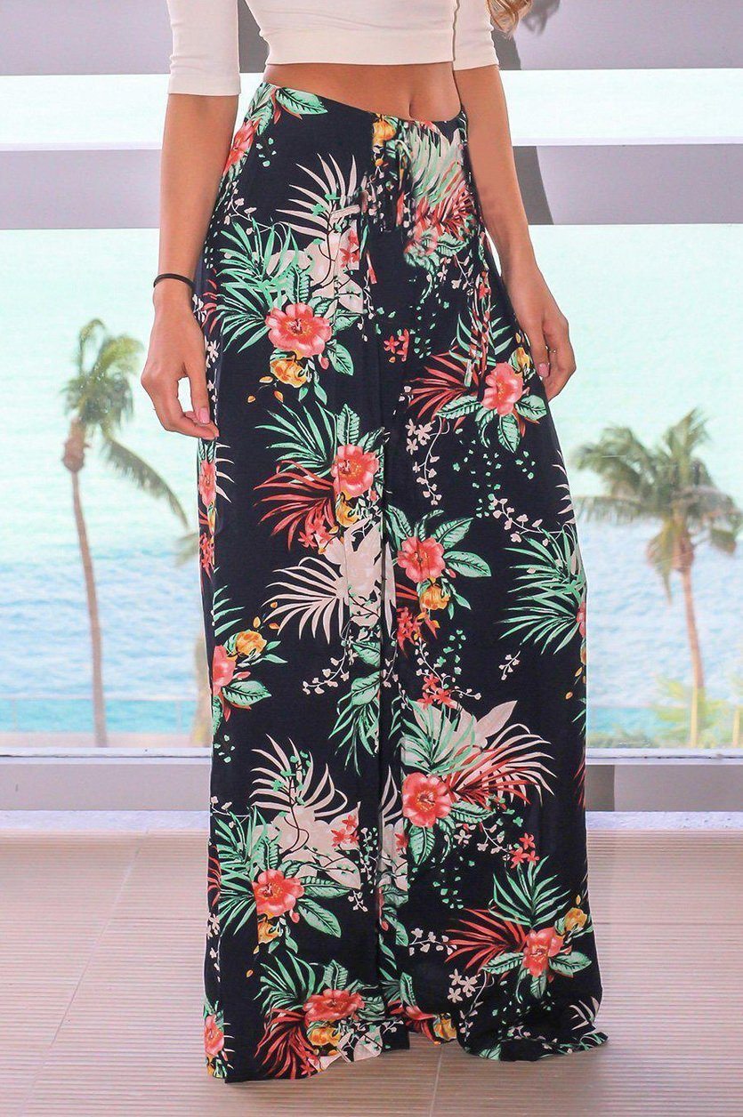 Printed Pocket Loose Pants With Belt Pants 5201906191605 