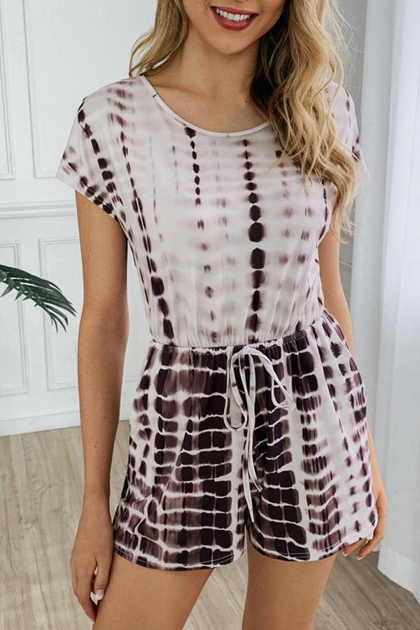 Printed Round-collar Short Sleeve Drawstring Waist Jumpsuit Jumpsuits & Rompers 5201906191605 
