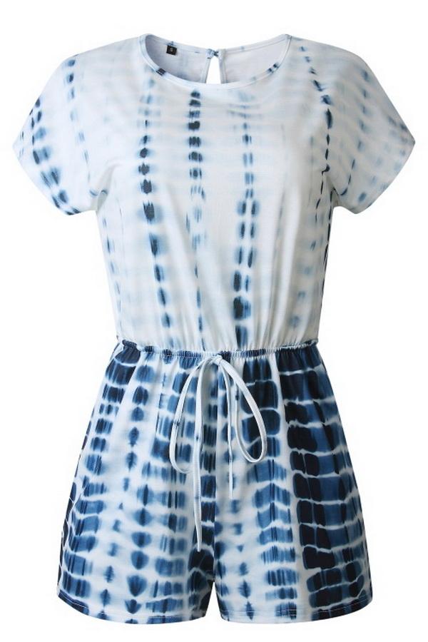 Printed Round-collar Short Sleeve Drawstring Waist Jumpsuit Jumpsuits & Rompers 5201906191605 