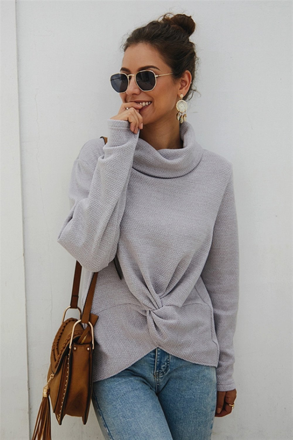 Pure Color High Neck Twist Sweater - Pavacat