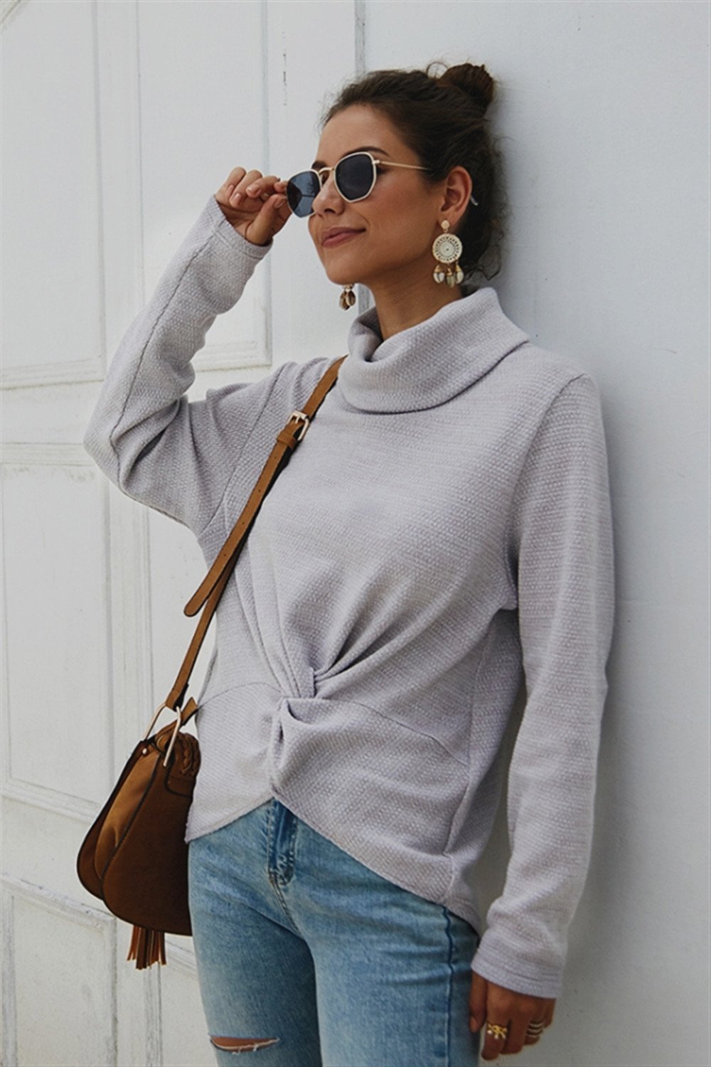 Pure Color High Neck Twist Sweater - Pavacat