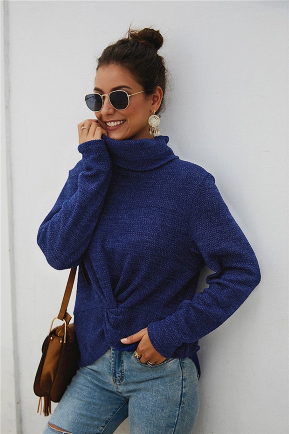 Pure Color High Neck Twist Sweater - Pavacat