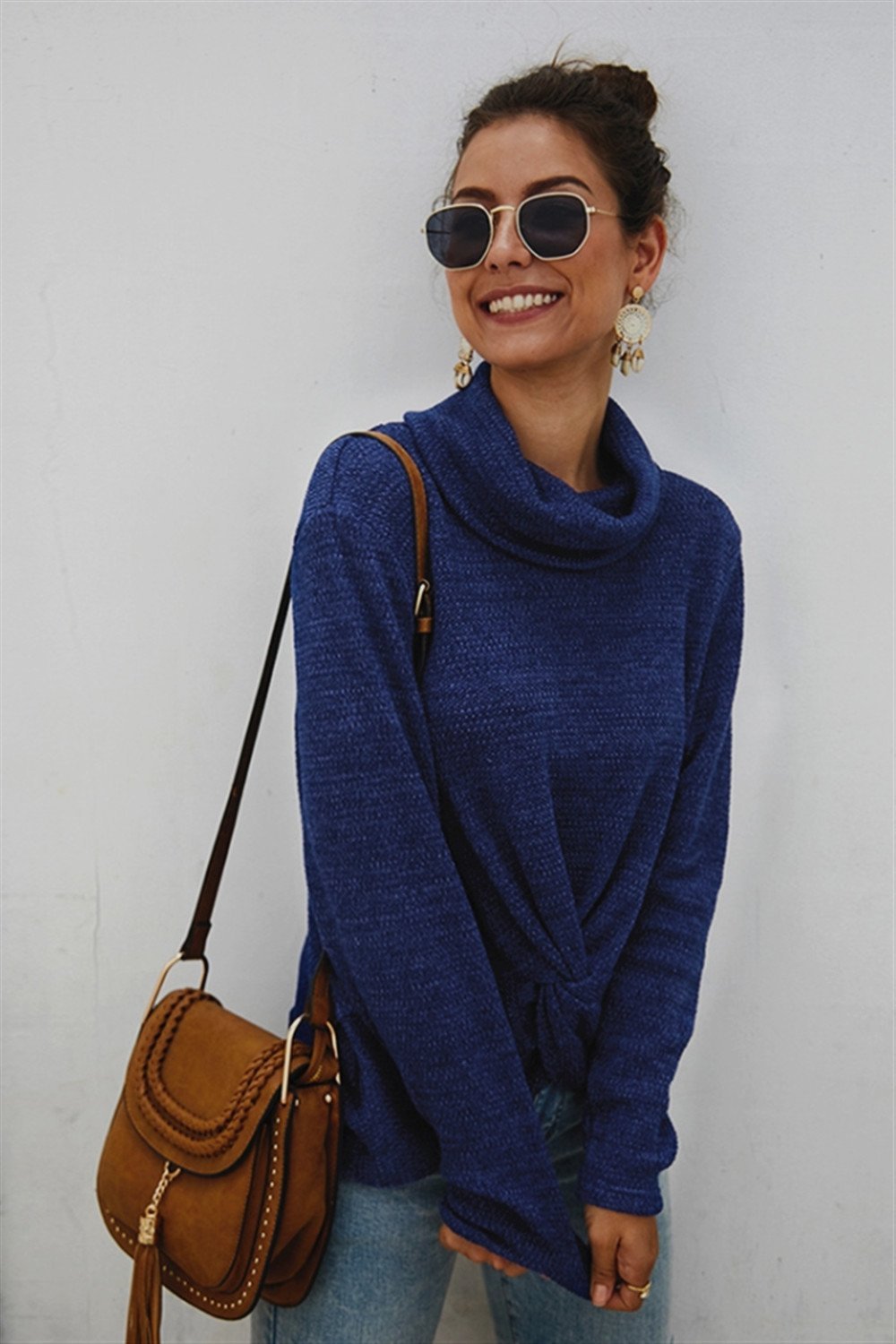 Pure Color High Neck Twist Sweater - Pavacat