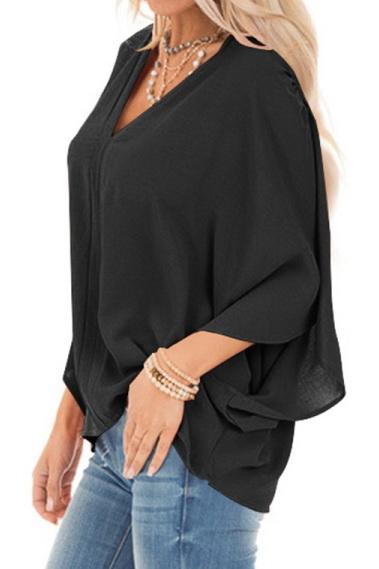 Pure Colour Loose V-neck Bat Sleeve Casual T-shirt - Pavacat