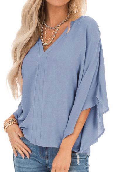Pure Colour Loose V-neck Bat Sleeve Casual T-shirt - Pavacat