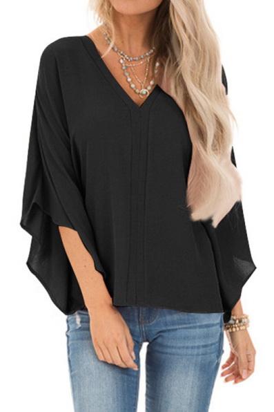 Pure Colour Loose V-neck Bat Sleeve Casual T-shirt - Pavacat