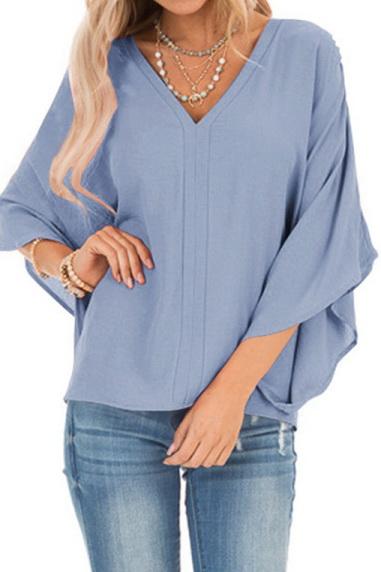 Pure Colour Loose V-neck Bat Sleeve Casual T-shirt - Pavacat