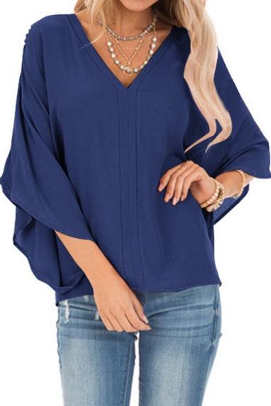 Pure Colour Loose V-neck Bat Sleeve Casual T-shirt - Pavacat