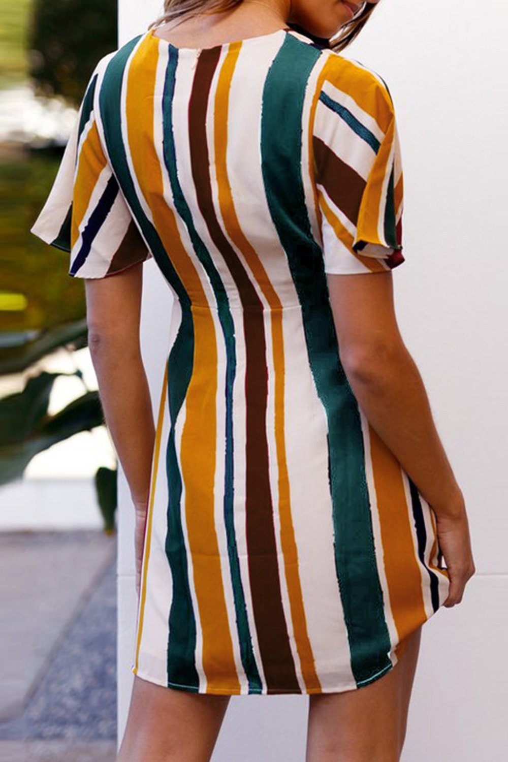 Rainbow Stripe Deep V-neck Dress - Pavacat