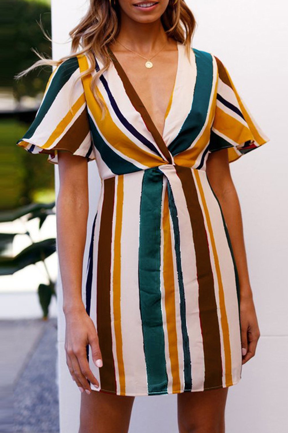 Rainbow Stripe Deep V-neck Dress - Pavacat
