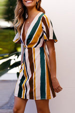 Rainbow Stripe Deep V-neck Dress - Pavacat