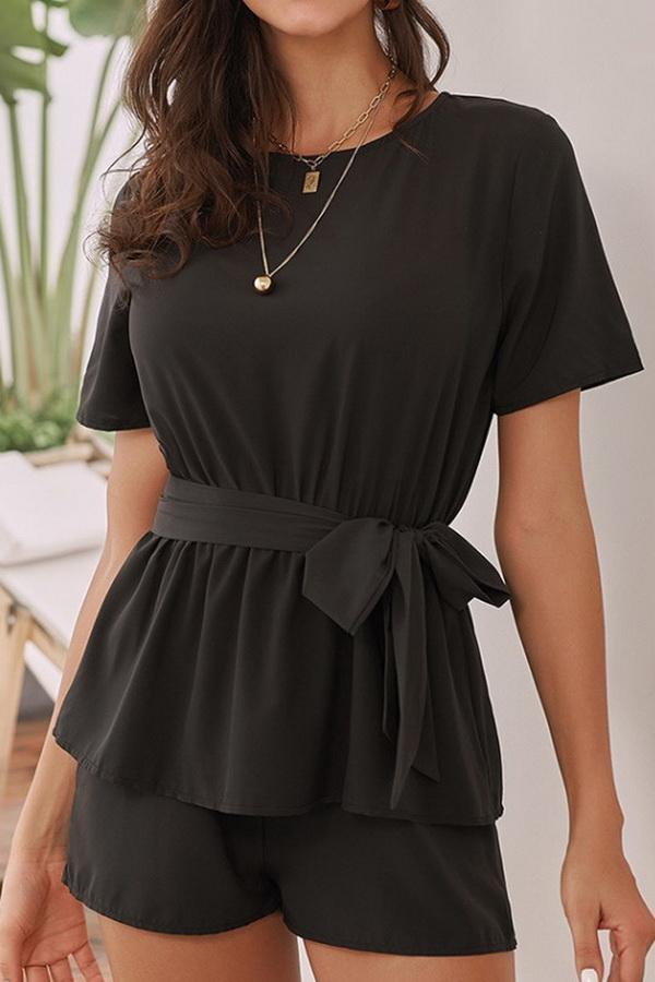 Round Collar Short Sleeve High Waist Tie Jumpsuit - Pavacat