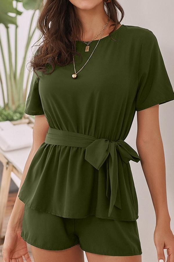 Round Collar Short Sleeve High Waist Tie Jumpsuit - Pavacat