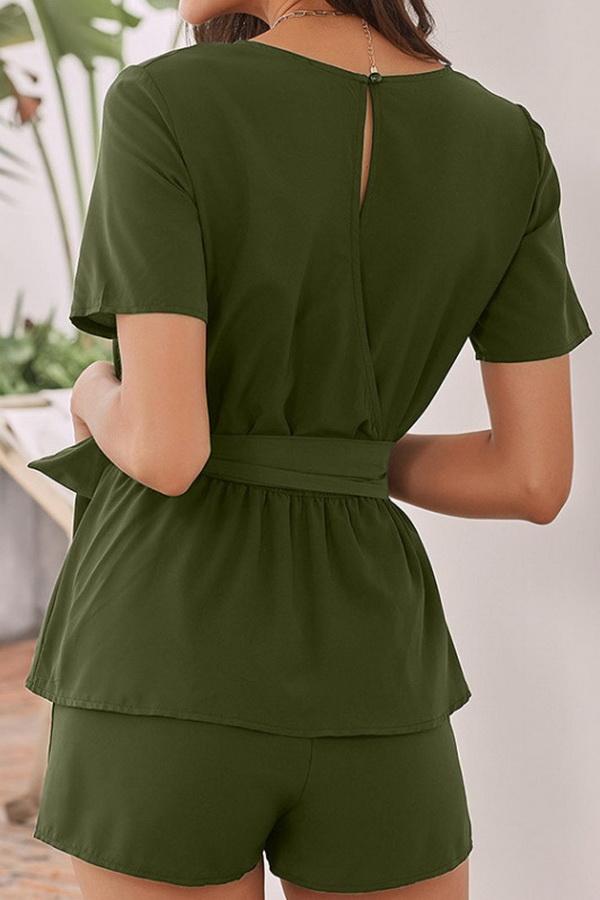 Round Collar Short Sleeve High Waist Tie Jumpsuit - Pavacat