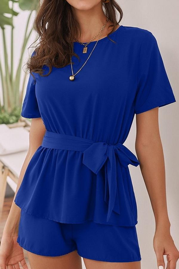 Round Collar Short Sleeve High Waist Tie Jumpsuit - Pavacat