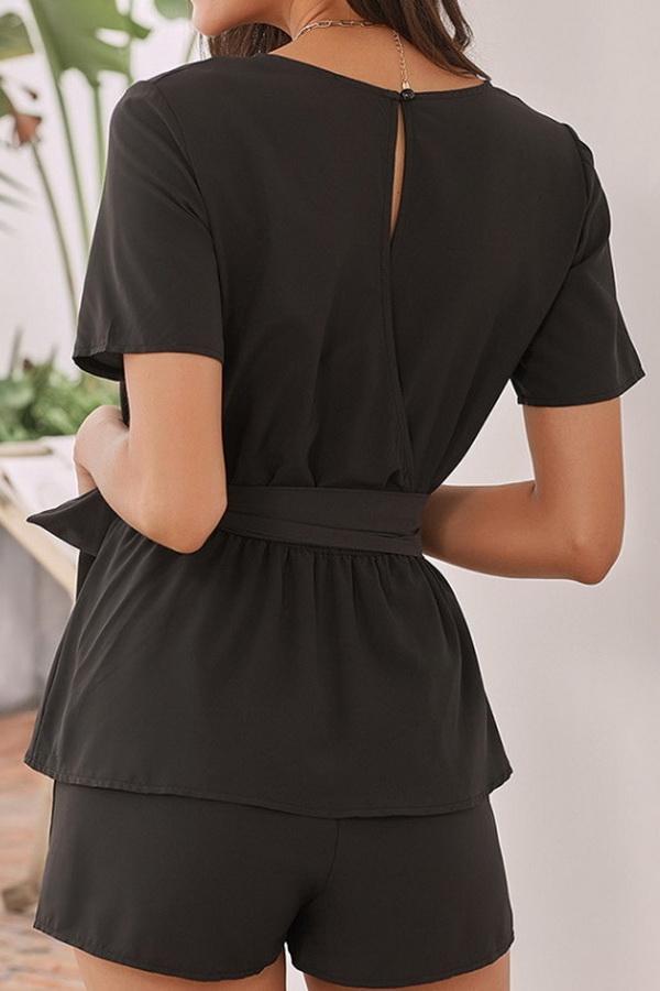 Round Collar Short Sleeve High Waist Tie Jumpsuit - Pavacat