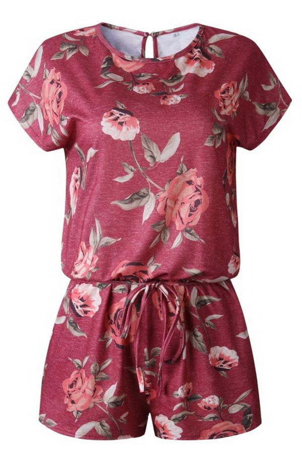 Round Neck Printed Button Drawstring Jumpsuit Jumpsuits & Rompers 5201906191605 