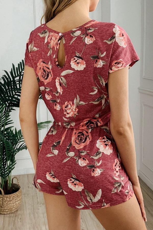 Round Neck Printed Button Drawstring Jumpsuit Jumpsuits & Rompers 5201906191605 