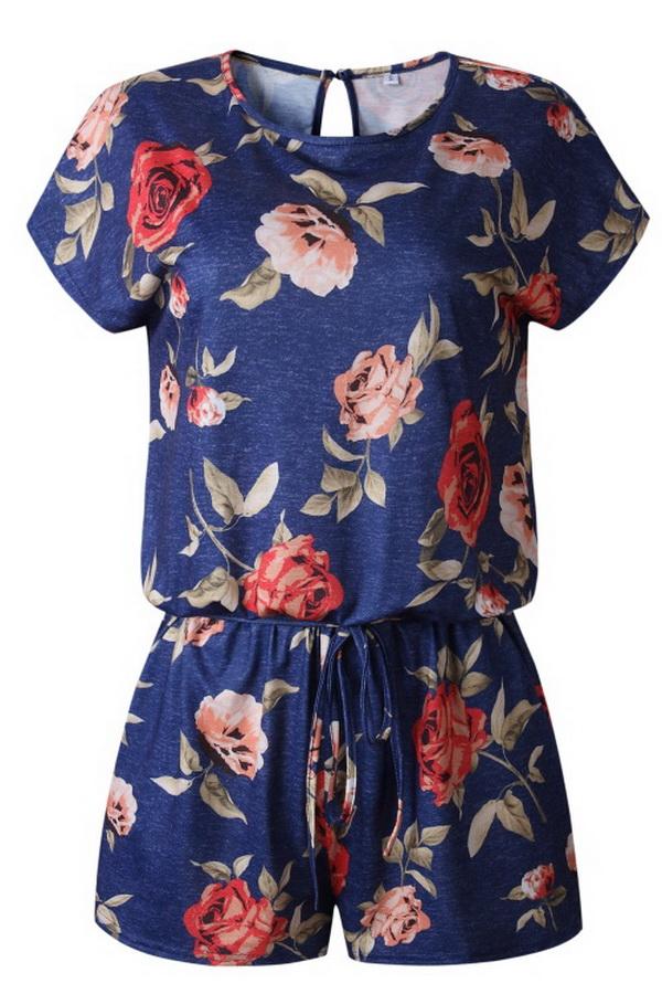 Round Neck Printed Button Drawstring Jumpsuit Jumpsuits & Rompers 5201906191605 