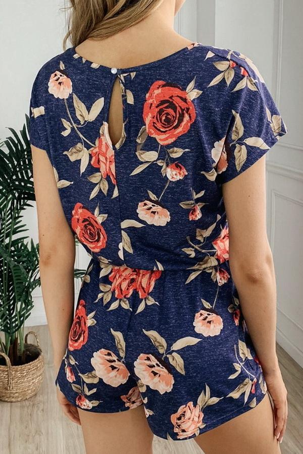 Round Neck Printed Button Drawstring Jumpsuit Jumpsuits & Rompers 5201906191605 