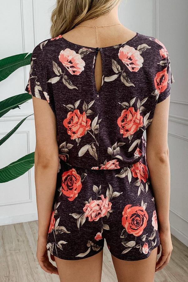 Round Neck Printed Button Drawstring Jumpsuit Jumpsuits & Rompers 5201906191605 
