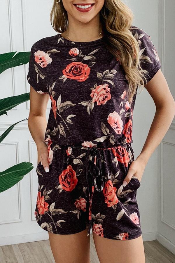 Round Neck Printed Button Drawstring Jumpsuit Jumpsuits & Rompers 5201906191605 