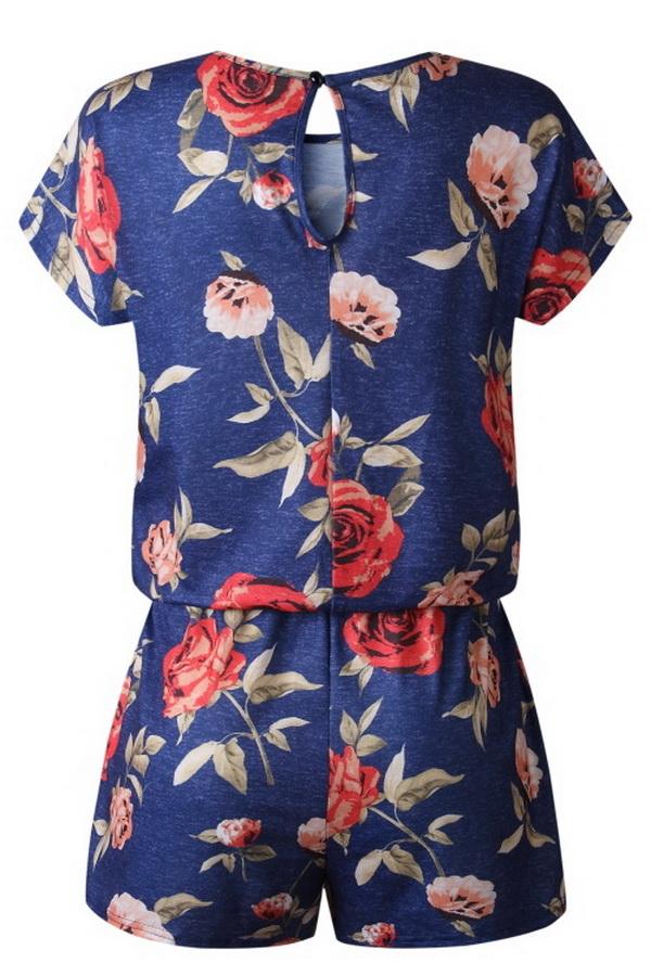 Round Neck Printed Button Drawstring Jumpsuit Jumpsuits & Rompers 5201906191605 
