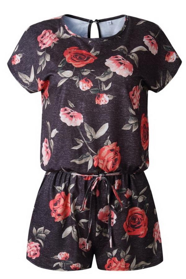 Round Neck Printed Button Drawstring Jumpsuit Jumpsuits & Rompers 5201906191605 darkgray L 