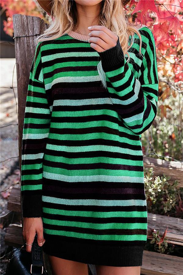 Round Neck Striped Loose Dress Pullover 5201812281308 green L 