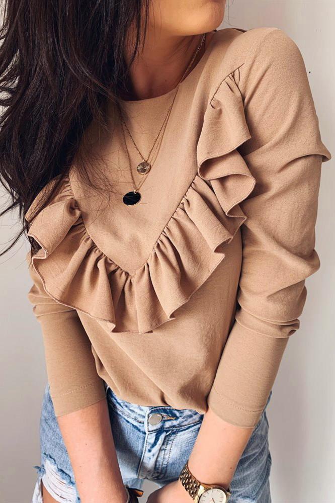 Ruffle Round Neck Long Sleeve Top - Pavacat