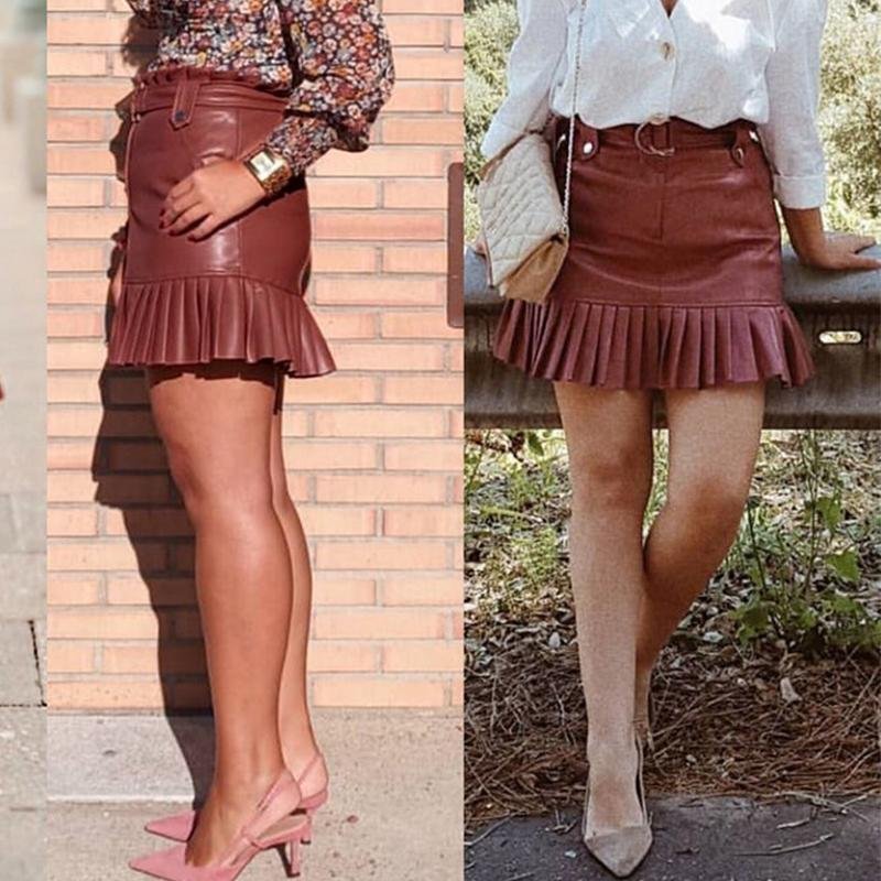 Sash Belt PU Leather Ruffled Skirt - Pavacat