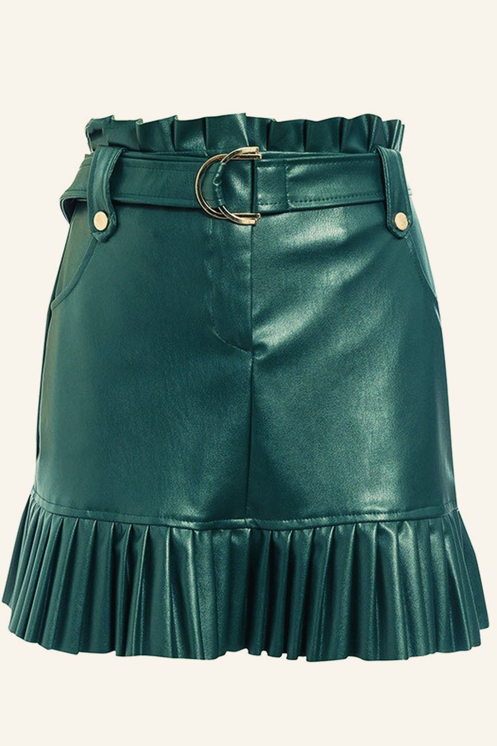 Sash Belt PU Leather Ruffled Skirt - Pavacat