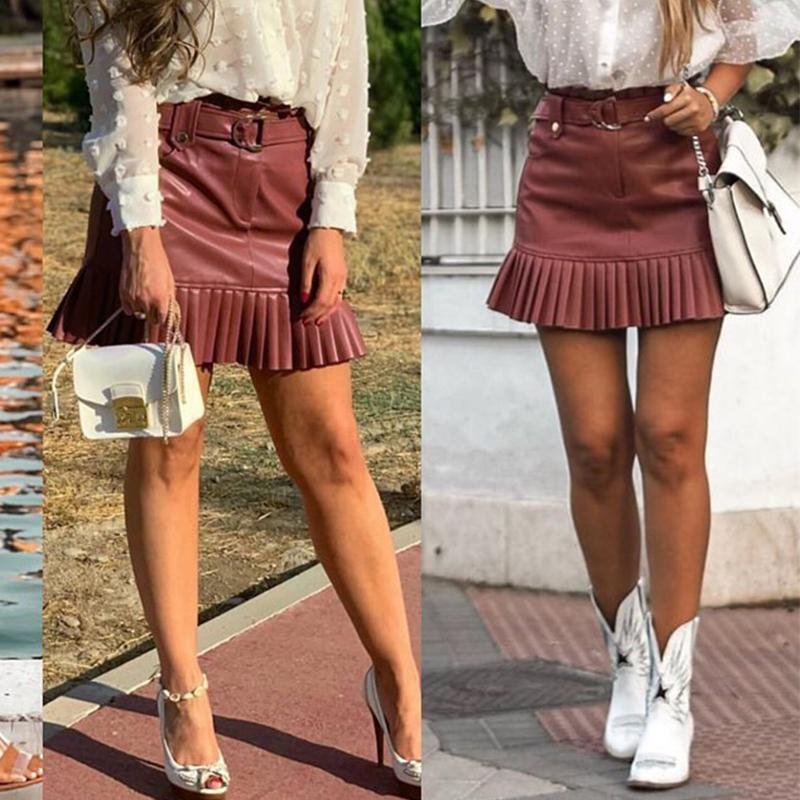 Sash Belt PU Leather Ruffled Skirt - Pavacat