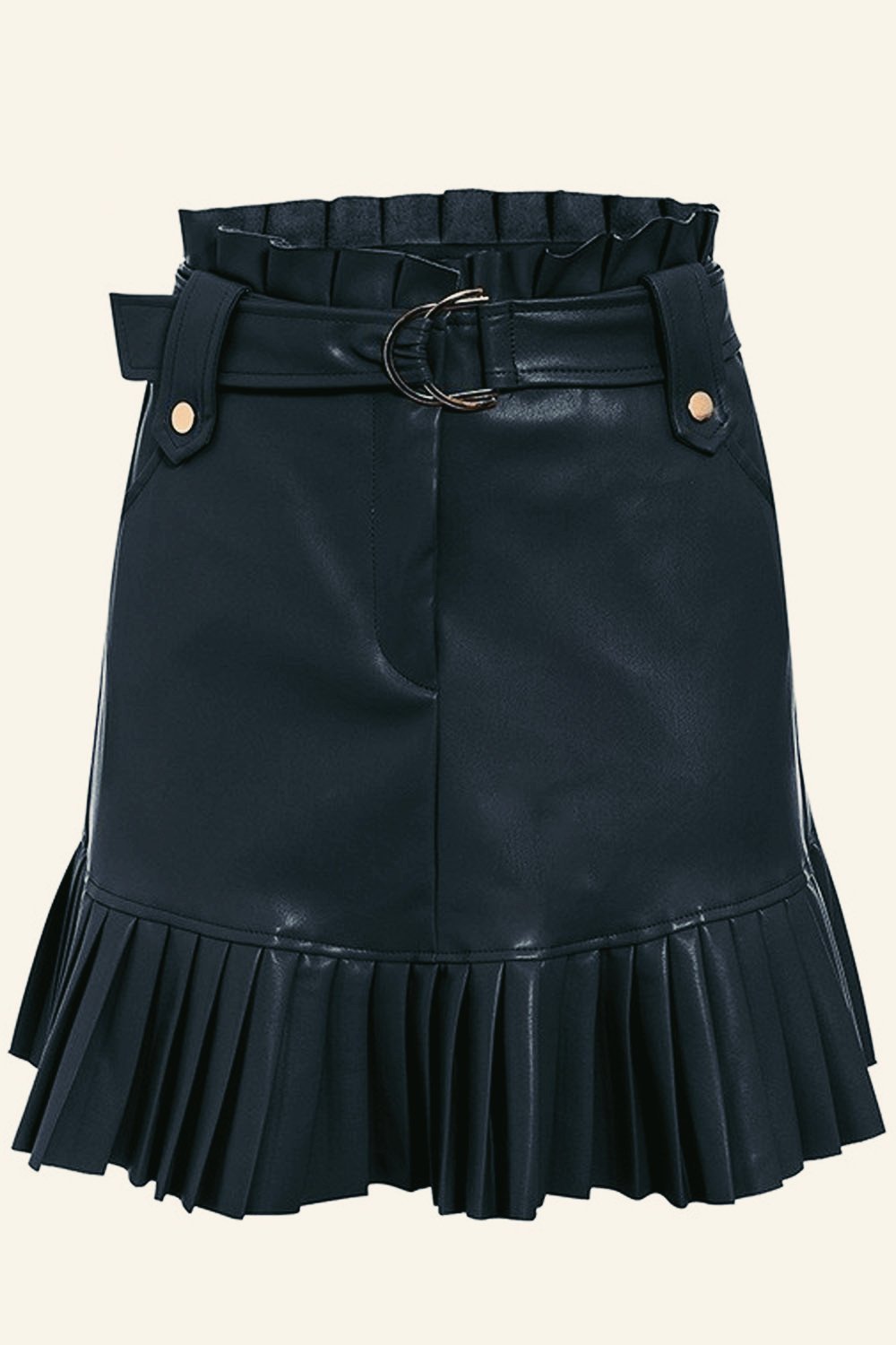 Sash Belt PU Leather Ruffled Skirt - Pavacat