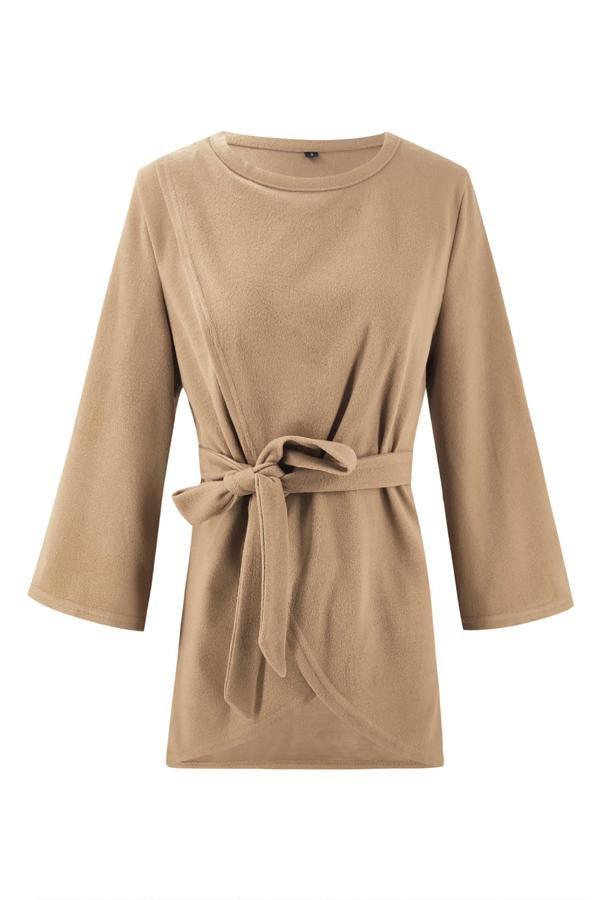 Solid Color Belt Irregular Coat Blouses & Shirts 5201904110309 