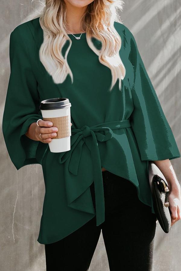 Solid Color Belt Irregular Coat Blouses & Shirts 5201904110309 L green 