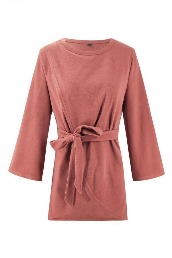 Solid Color Belt Irregular Coat Blouses & Shirts 5201904110309 L pink 
