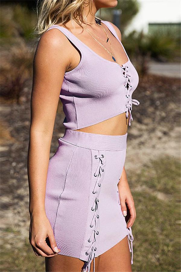 Solid Color Lace Up Knit Skirt Skirt 5201808272354 