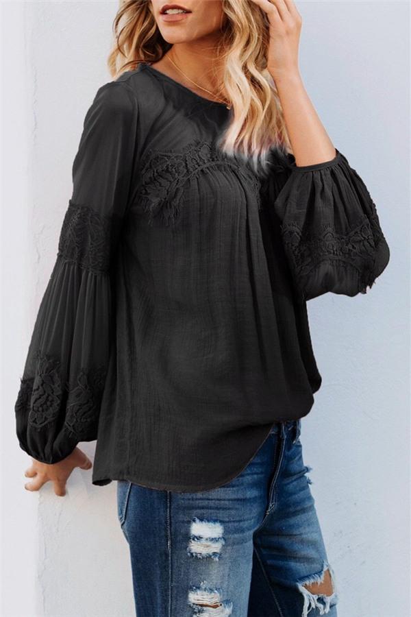 Solid Color Lantern Sleeve Tee Blouses & Shirts 5201812281308 