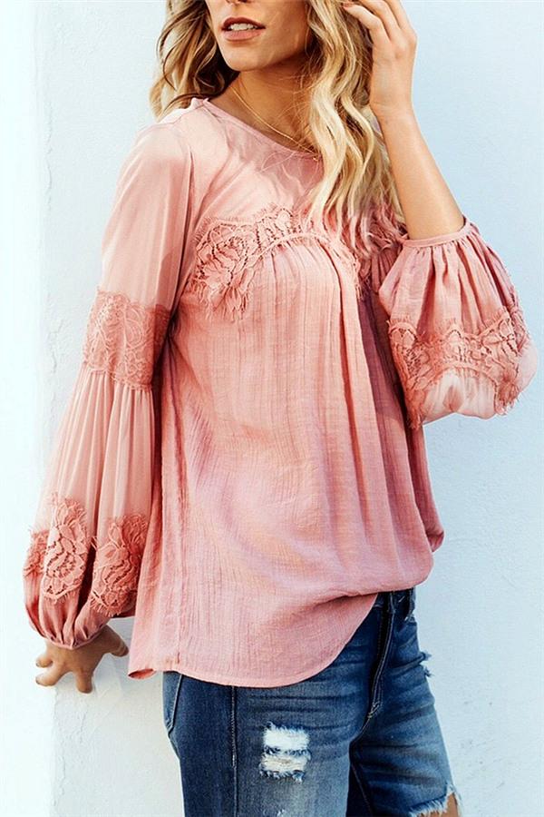 Solid Color Lantern Sleeve Tee Blouses & Shirts 5201812281308 