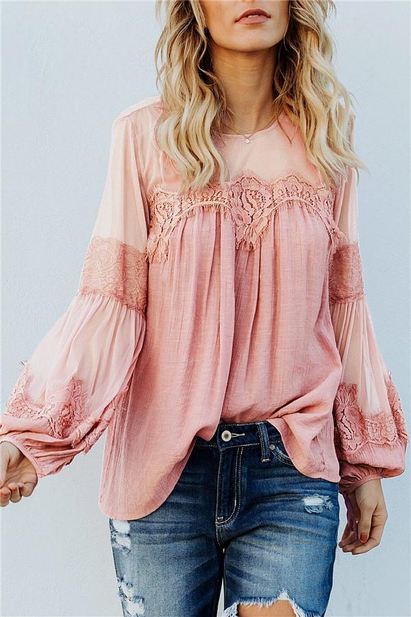 Solid Color Lantern Sleeve Tee Blouses & Shirts 5201812281308 