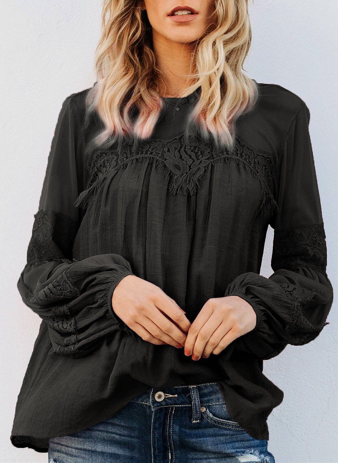 Solid Color Lantern Sleeve Tee Blouses & Shirts 5201812281308 L black 