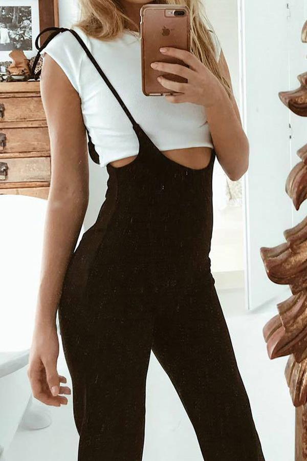 Solid Color Slim Suspenders Pants 5201902090929 L black 